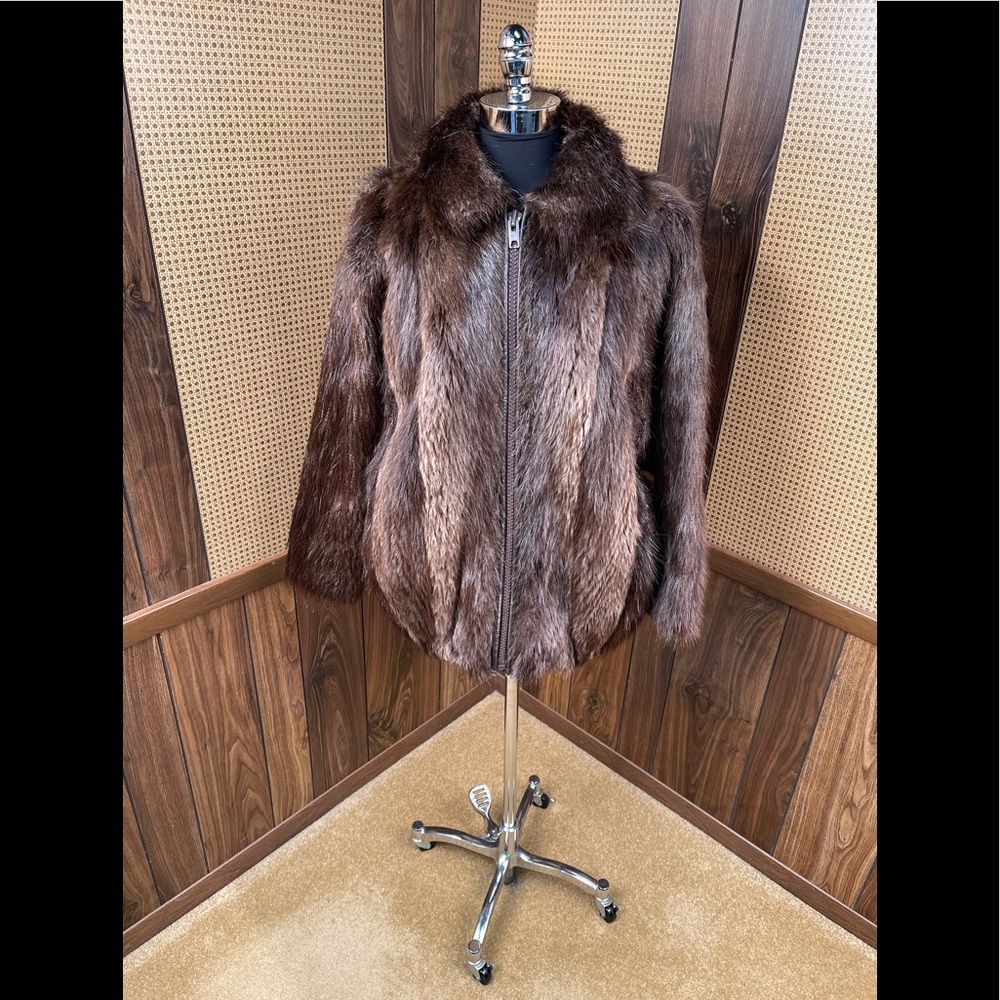 Vintage Long Haired Beaver Fur Zippered Bomber Coat Jacket Medium